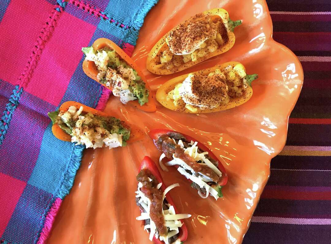 Fiesta stuffed mini peppers 3 ways: shrimp, bean and cheese and Mexican