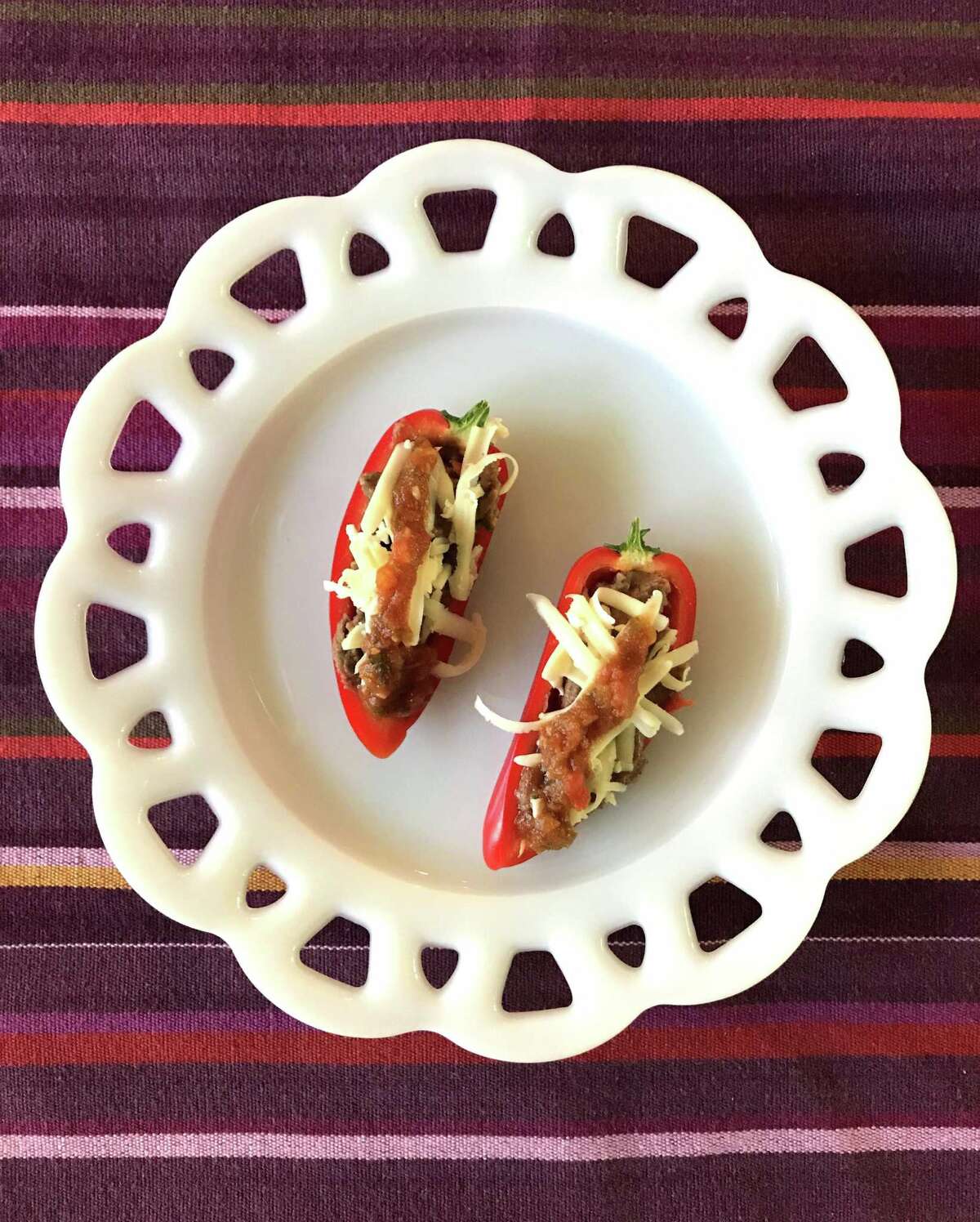 Fiesta stuffed mini peppers 3 ways shrimp, bean and cheese and Mexican