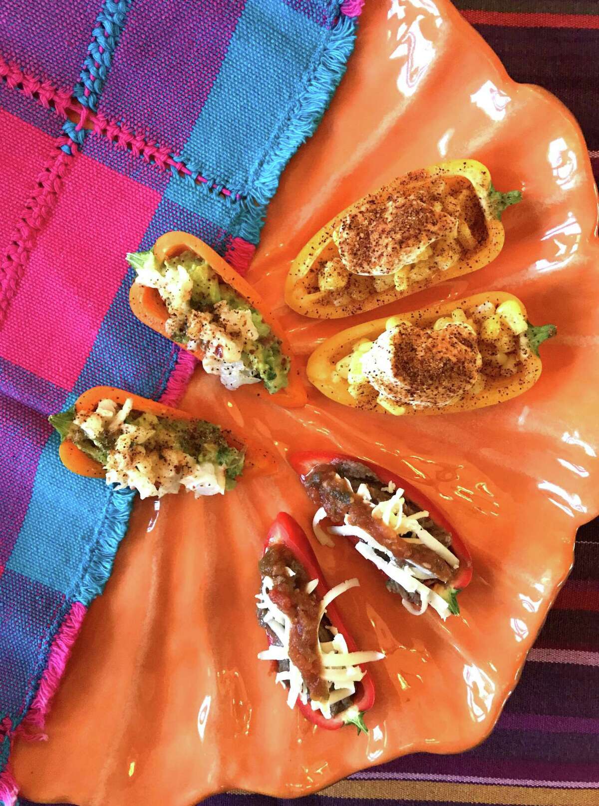Fiesta stuffed mini peppers 3 ways: shrimp, bean and cheese and Mexican