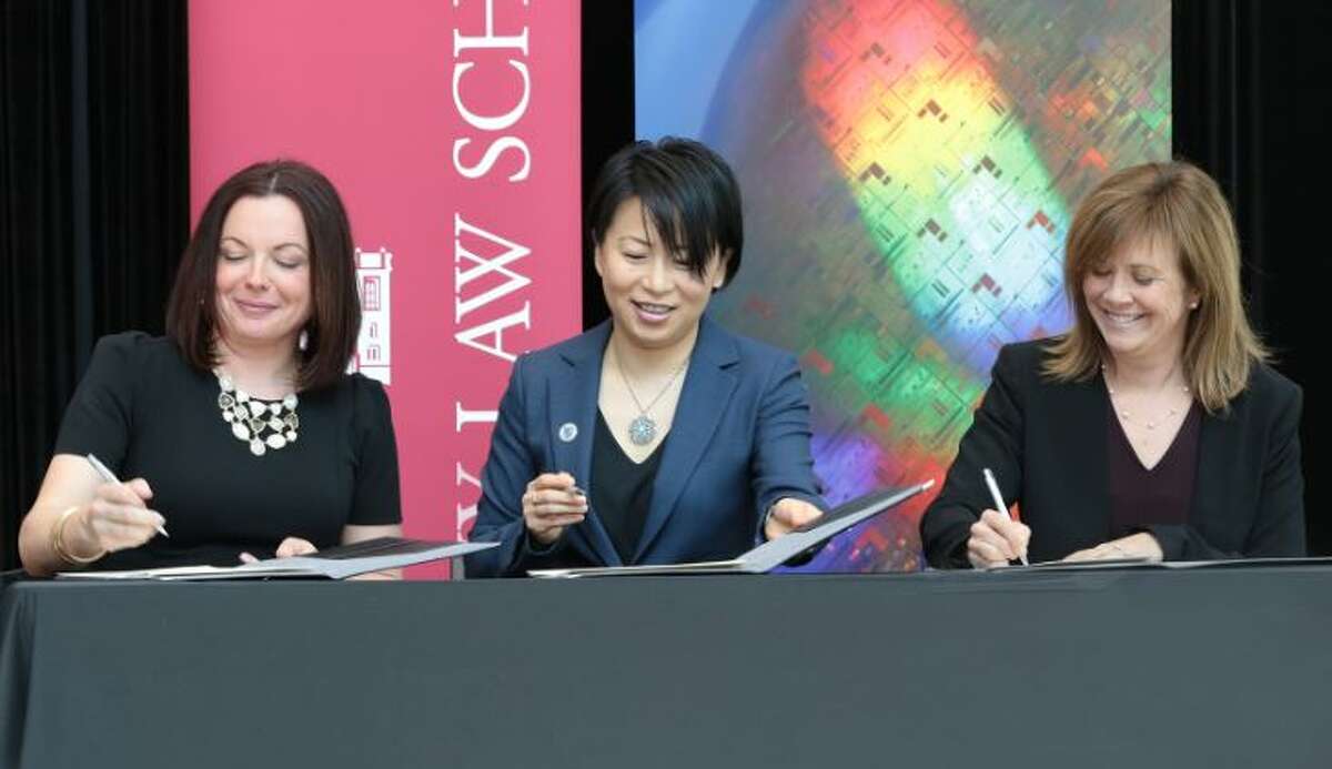 Heather Hage of SUNY RF, Grace Wang of SUNY Poly and Alicia Ouellette of Albany Law school signed an agreement to create the Innovation Intensive program on Tuesday April 16, 2019.