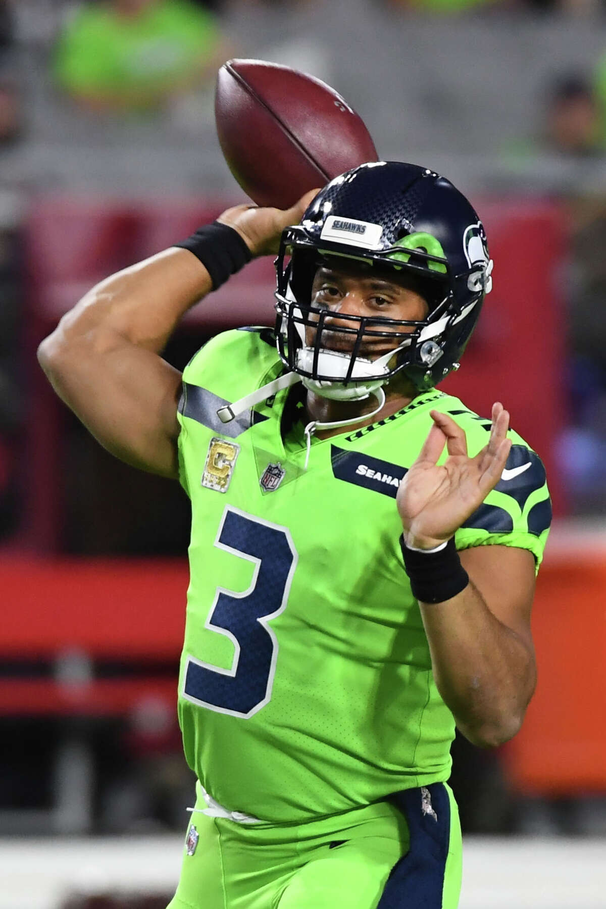 GLENDALE, AZ - NOVEMBER 09: Quarterback Russell Wilson #3 of the Seattle Seahawks warms up for the NFL game against the Arizona Cardinals at University of Phoenix Stadium on November 9, 2017 in Glendale, Arizona. (Photo by Norm Hall/Getty Images) ORG XMIT: 700070729
