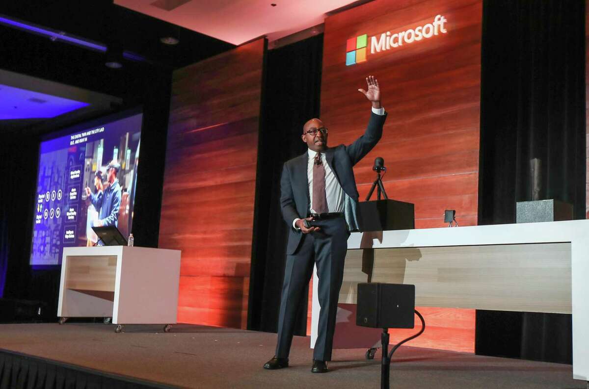 Rodney Clark, vice president of IoT Sales for Microsoft, speaks at the Microsoft IoT in Action Solution Builder Conference Tuesday, April 16, 2019, in Houston. The Ion Smart Cities Accelerator program was announced at this event.