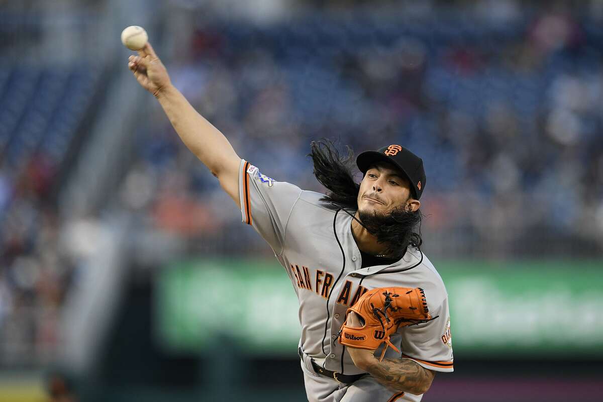 San Francisco Giants starter Dereck Rodriguez delivers a pitch during the first inning of the team's baseball game against the Washington Nationals, Tuesday, April 16, 2019, in Washington. (AP Photo/Nick Wass)