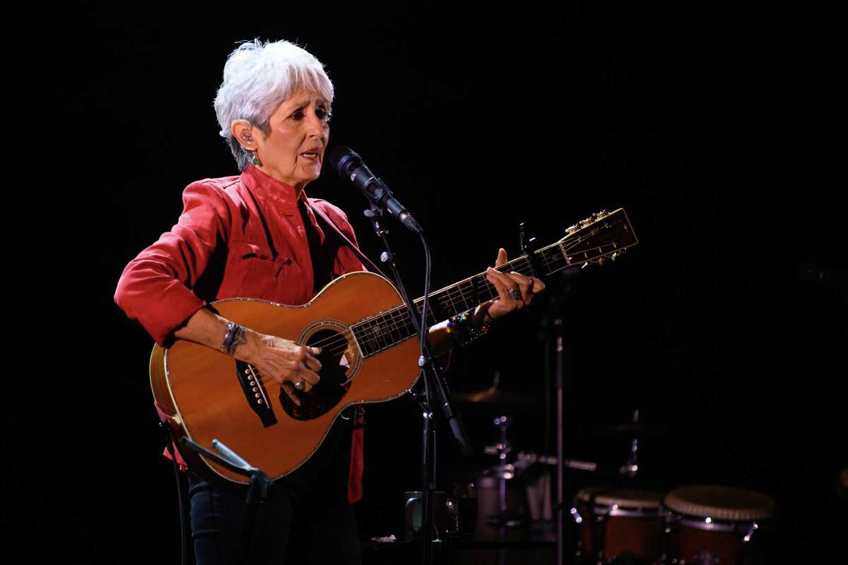 Joan Baez performs at the Tobin Center for the Performing Arts on Tuesday, where she delivered a stunning 23-song performance for a sold-out house