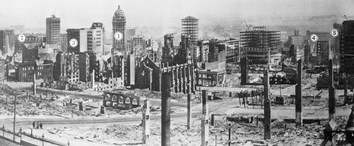 The ruins of downtown San Francisco after the earthquake and fire of April 18, 1906. Still standing, though damaged, were: (1) The Call Building, now the Central Tower; (2) The Palace Hotel, now the Sheraton-Palace Hotel; (3) The Shreve Building; (4) The Emporium Department Store; and (5) The Flood Building.