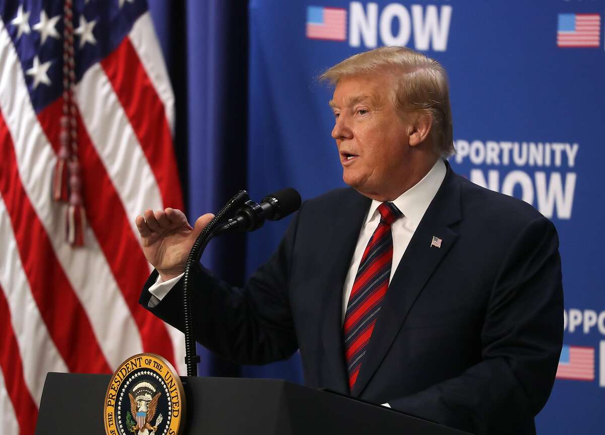WASHINGTON, DC - APRIL 17: U.S. President Donald Trump speaks during an Opportunity Zone conference with state, local, tribal and community leaders, in the Eisenhower Executive Office Building on April 17, 2019 in Washington, DC. (Photo by Mark Wilson/Getty Images)