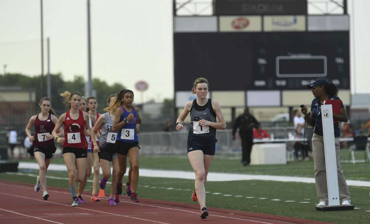 Sara Scott of Smithson Valley runs to victory in the 3200 meters during the UIL District 25/26-6A area track meet at Rutledge Stadium in Converse on Wednesday, April 17, 2019.