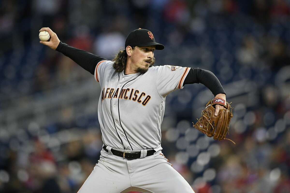 San Francisco Giants starting pitcher Jeff Samardzija delivers a pitch during the third inning of the team's baseball game against the Washington Nationals, Wednesday, April 17, 2019, in Washington. (AP Photo/Nick Wass)