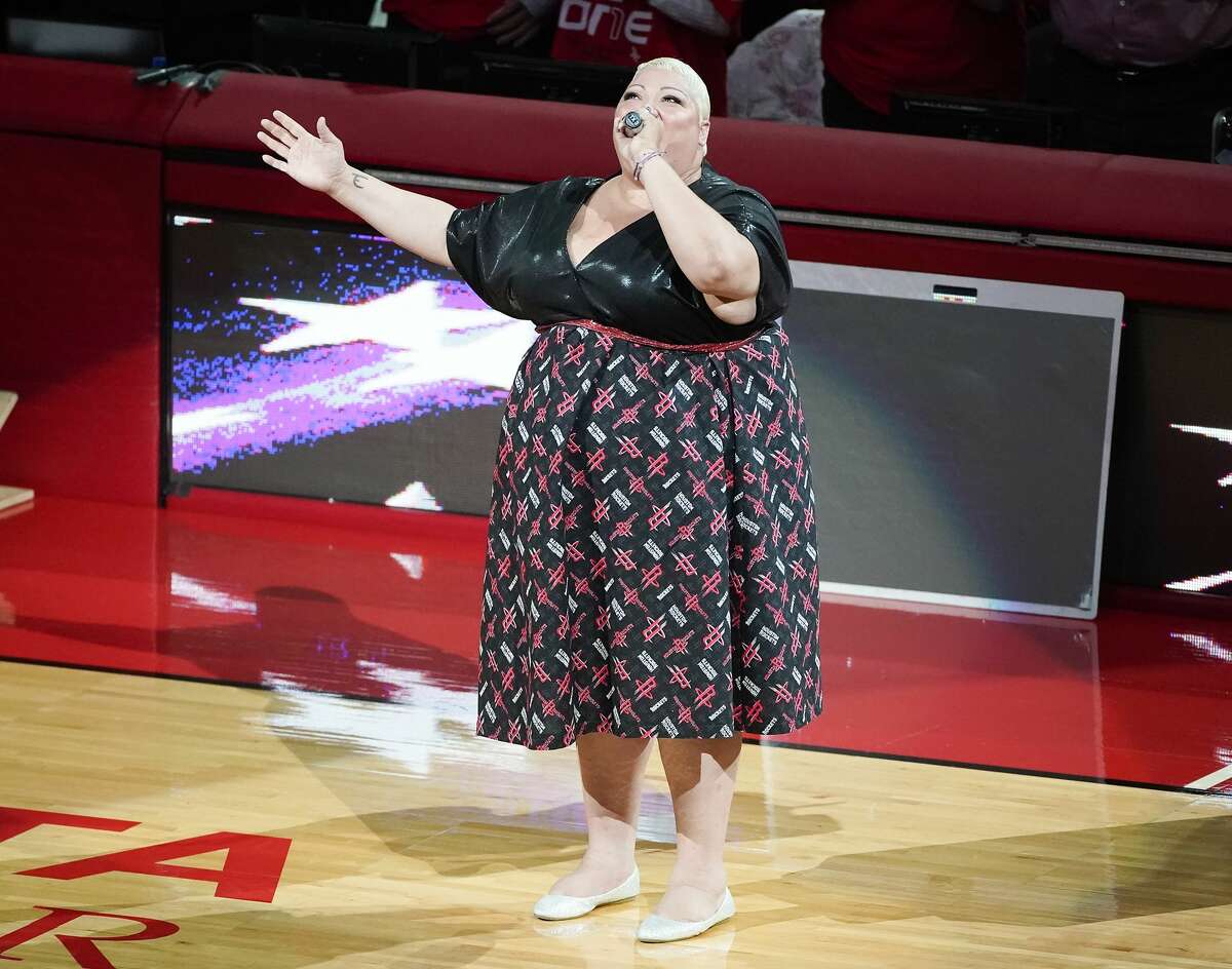 Christina Wells sings the National Anthem before Game 2 of the NBA game series between Houston Rockets and Utah Jazz on Wednesday, April 17, 2019 in Houston. Rockets won the game 118-98 and lead the series 2-0.