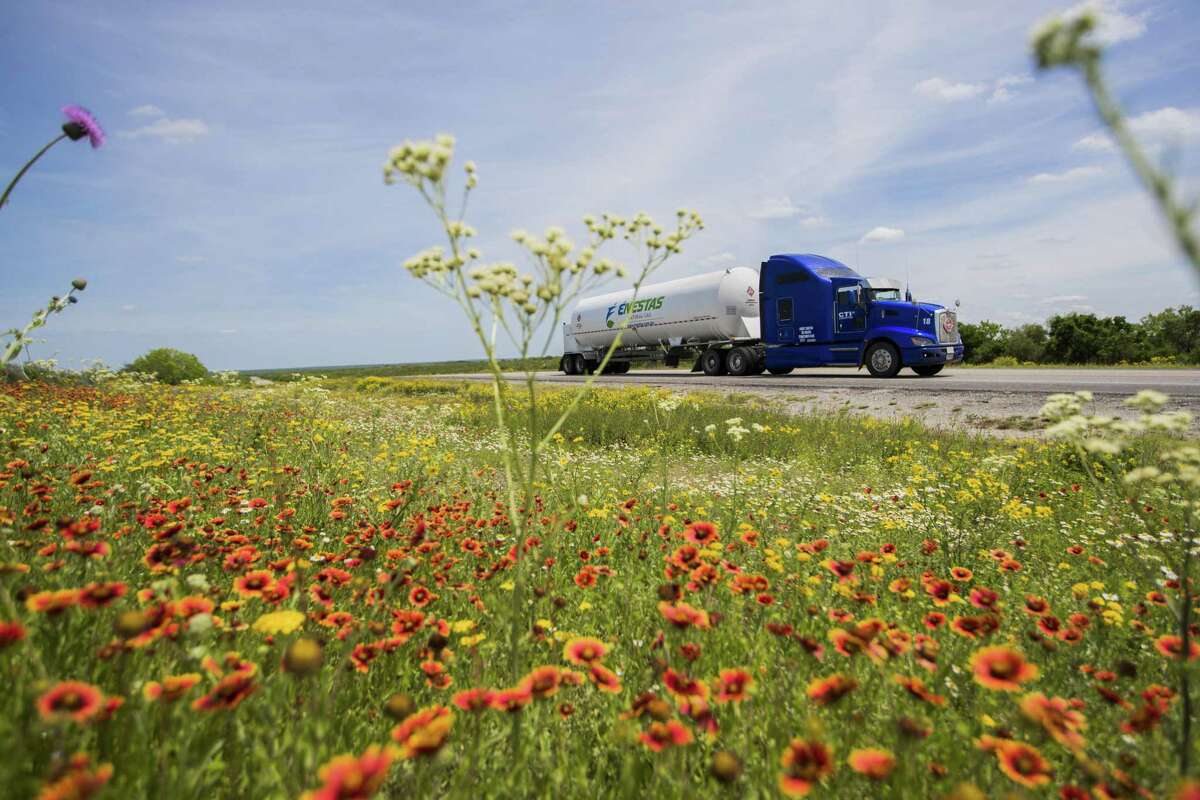 9,300 gallons liquefied natural gas is being delivered by an 18-wheelers from George West about 130 miles to the Colombia-Solidarity International Bridge in Laredo past wildflowers on U.S. Highway 59 on Tuesday, April 2, 2019, near George West.
