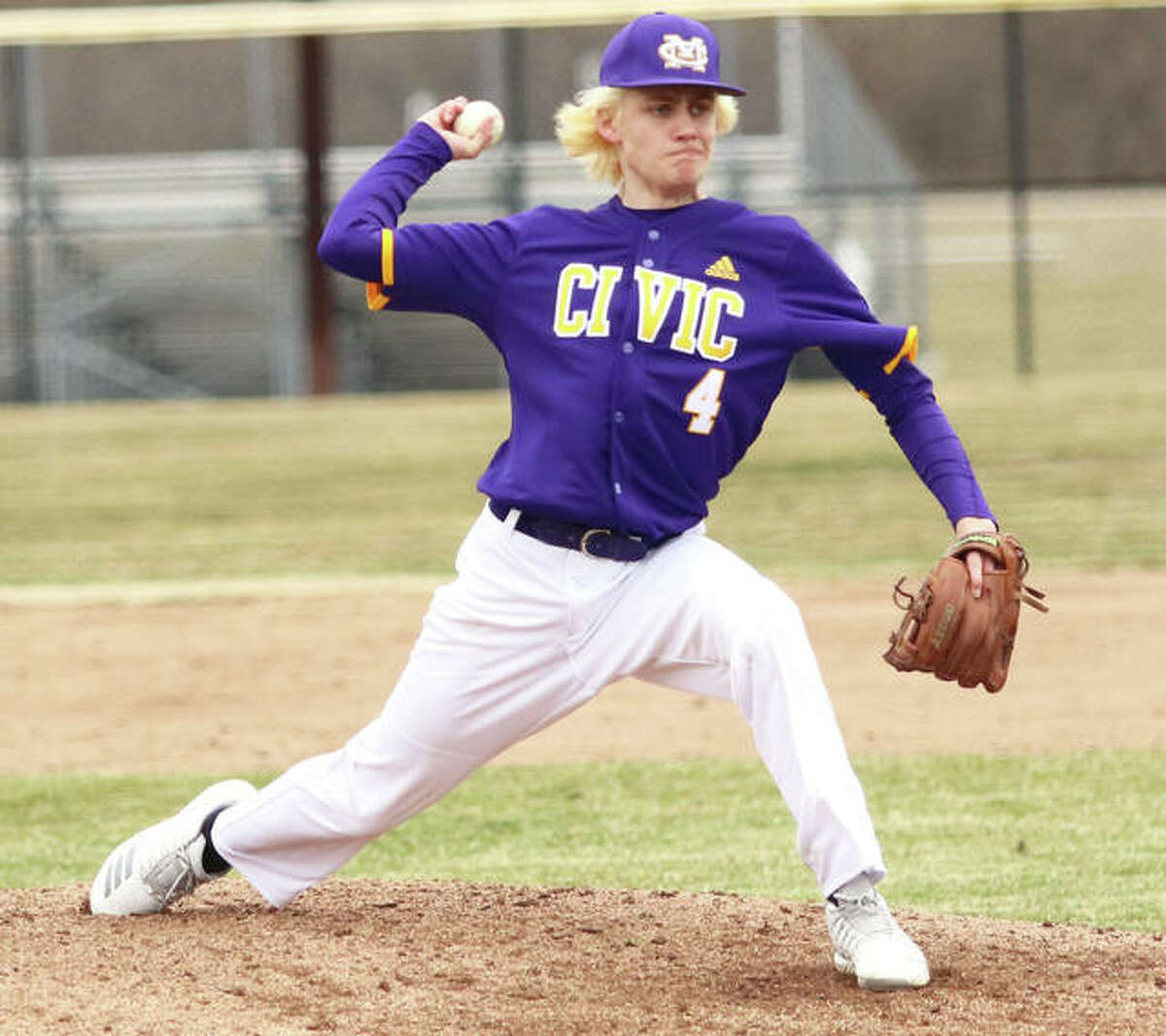 CM’s Tyler Hansberger, shown pitching at the Bethalto Sports Complex earlier this season, was back at home Wednesday and got the win in relief in the Eagles’ MVC victory over Highland.