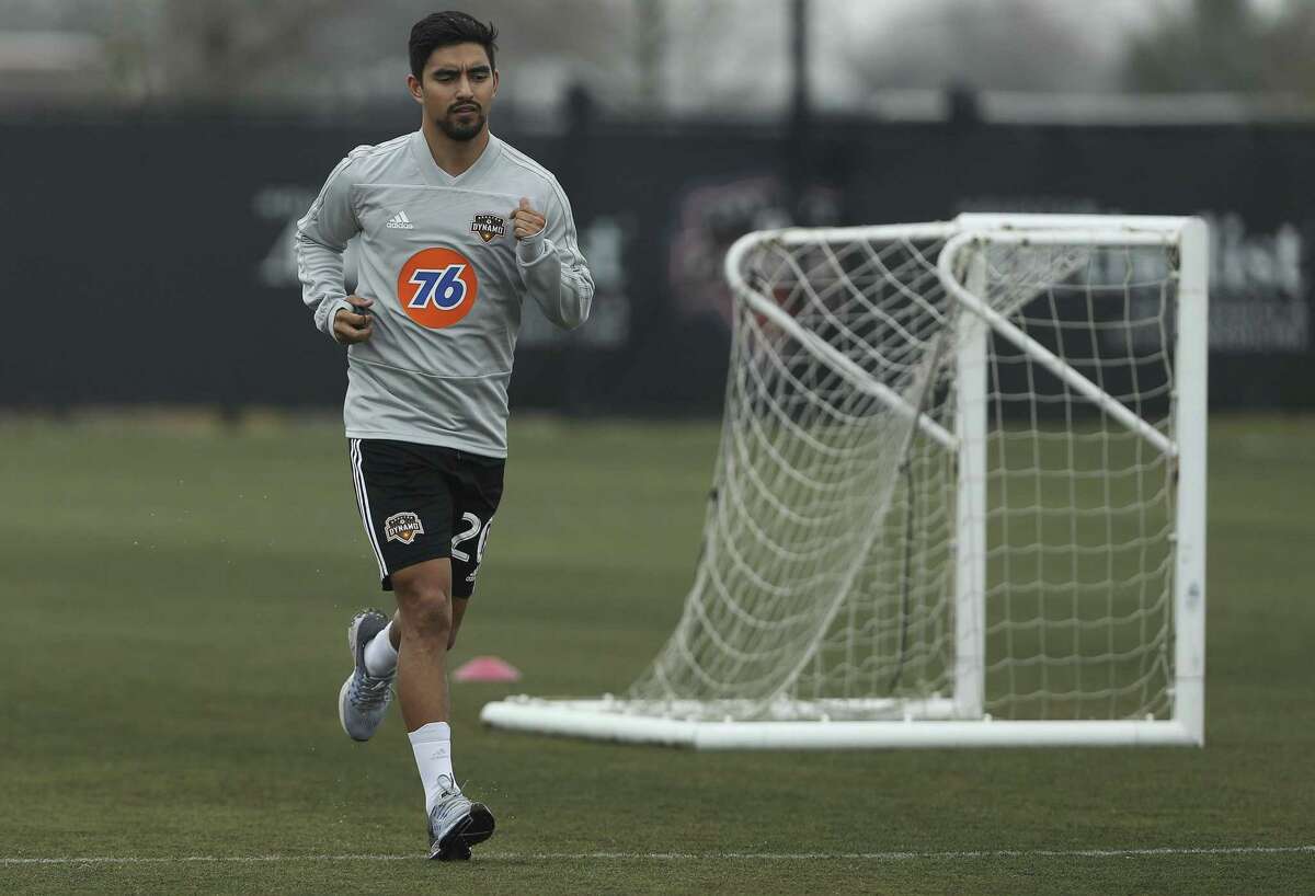 Dynamno defender A.J. DeLaGarza works on his rehab during the open practice day for fans at Houston Sports Park on Saturday, Jan. 27, 2018, in Houston. DeLaGarza tore the anterior cruciate ligament in his left knee in the regular season finale on Oct. 22. ( Yi-Chin Lee / Houston Chronicle )