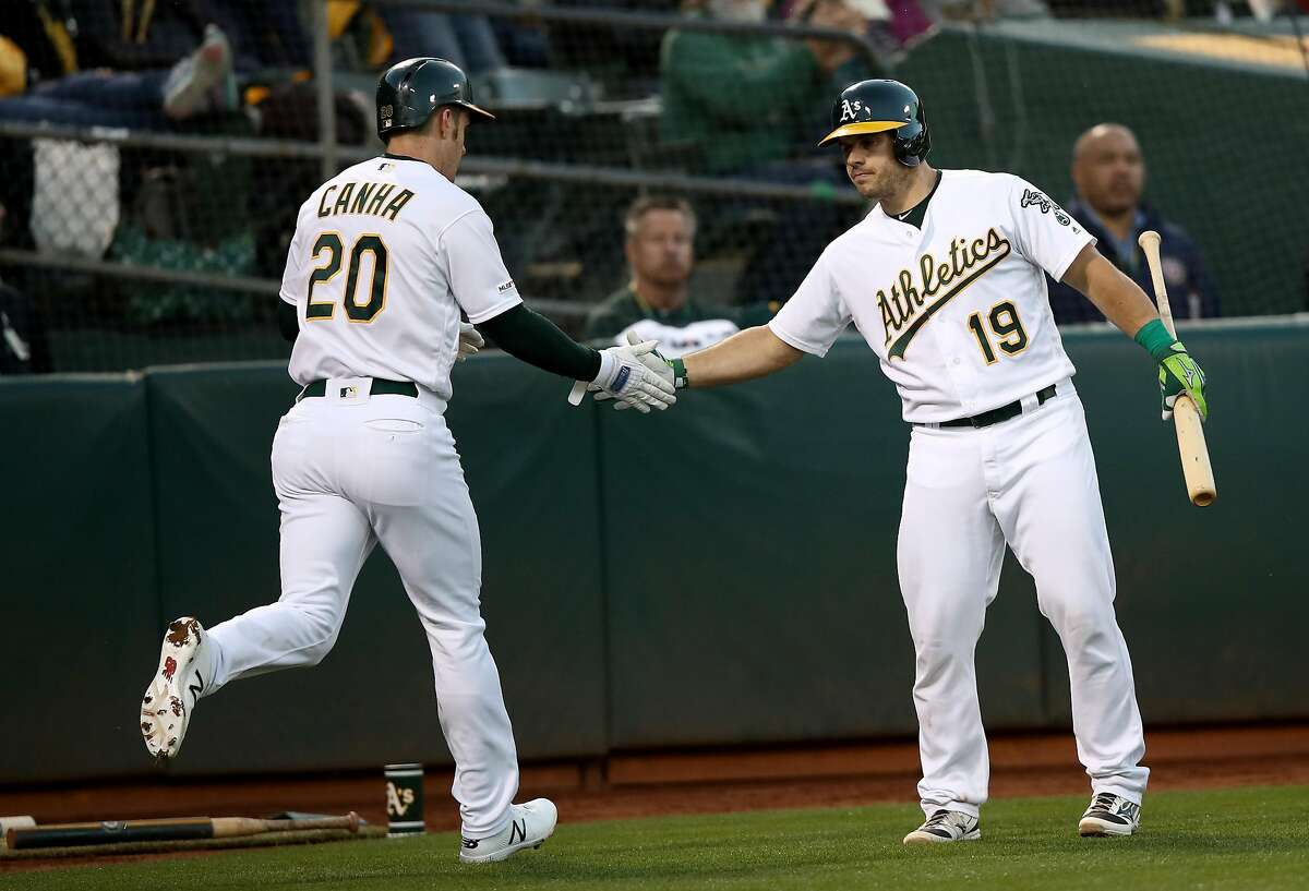 OAKLAND, CALIFORNIA - APRIL 17: Mark Canha #20 is congratulated by Josh Phegley #19 of the Oakland Athletics after he scored in the second inning against the Houston Astros at Oakland-Alameda County Coliseum on April 17, 2019 in Oakland, California. (Photo by Ezra Shaw/Getty Images)