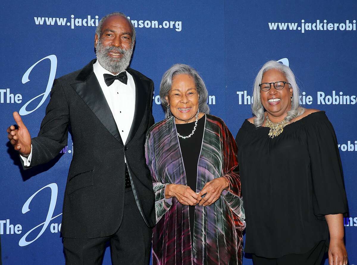 NEW YORK, NY - MARCH 07: (L-R) David Robinson, Jackie Robinson Foundation Founder Rachel Robinson and Sharon Robinson pose for a photo at the 2016 Jackie Robinson Foundation Awards Dinner at Marriott Marquis Broadway Ballroom on March 7, 2016 in New York City. (Photo by Jemal Countess/Getty Images)
