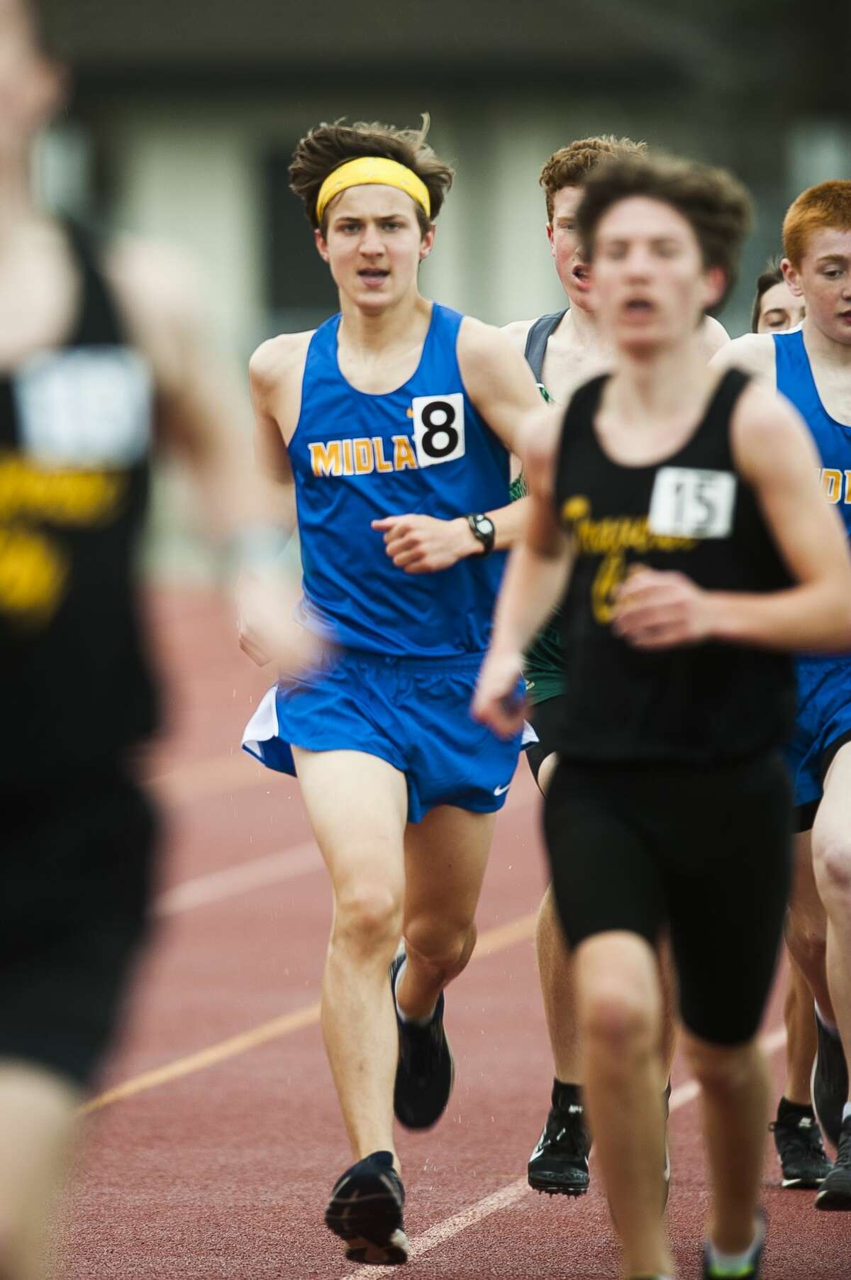 Midland's Nathan Striebel competes in the 1600 meter run during the Graves/Swayze Relays on Thursday, April 18, 2019 at Midland Community Stadium. (Katy Kildee/kkildee@mdn.net)
