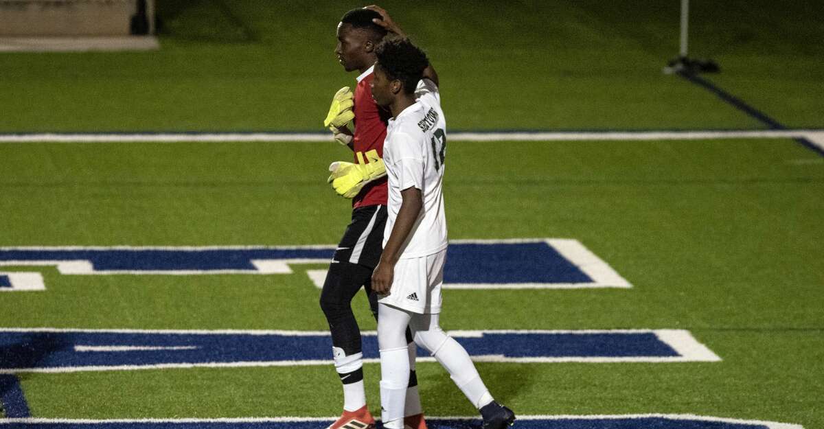 Houston Sharpstown, Blaise Mucho, (68), goalkeeper, is comforted by Jostin Garcia Lagos, (12), after a second goal by Frisco Wakeland got past him during the first half of UIL Boys 5A semifinals soccer game, Thursday April 18,2019, in Georgetown, Texas.Â  (Rodolfo Gonzalez/Contributor)