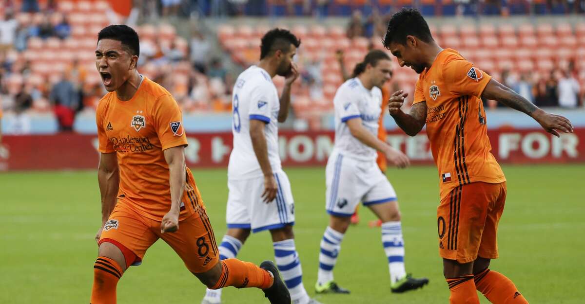 Houston Dynamo midfielder Memo Rodriguez (8) celebrates his goal against the Montreal Impact during the first half of a Major League Soccer match at BBVA Compass Stadium on Saturday, March 9, 2019, in Houston.