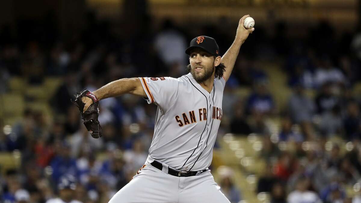 San Francisco Giants starting pitcher Madison Bumgarner during a baseball game Wednesday, April 3, 2019, in Los Angeles. (AP Photo/Marcio Jose Sanchez)