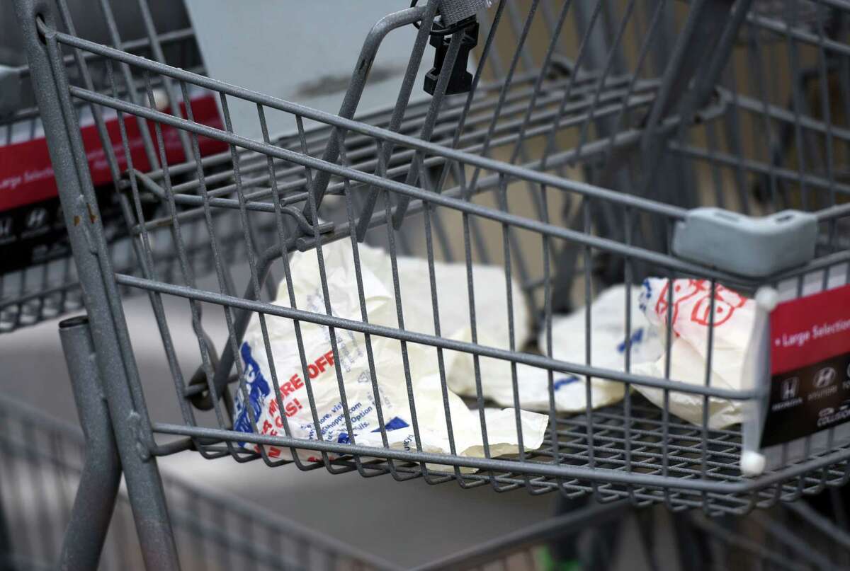 Empty grocery bags sit in a shopping cart in the Price Chopper parking lot on Friday, April 19, 2019 in Loudonville, NY. (Phoebe Sheehan/Times Union)