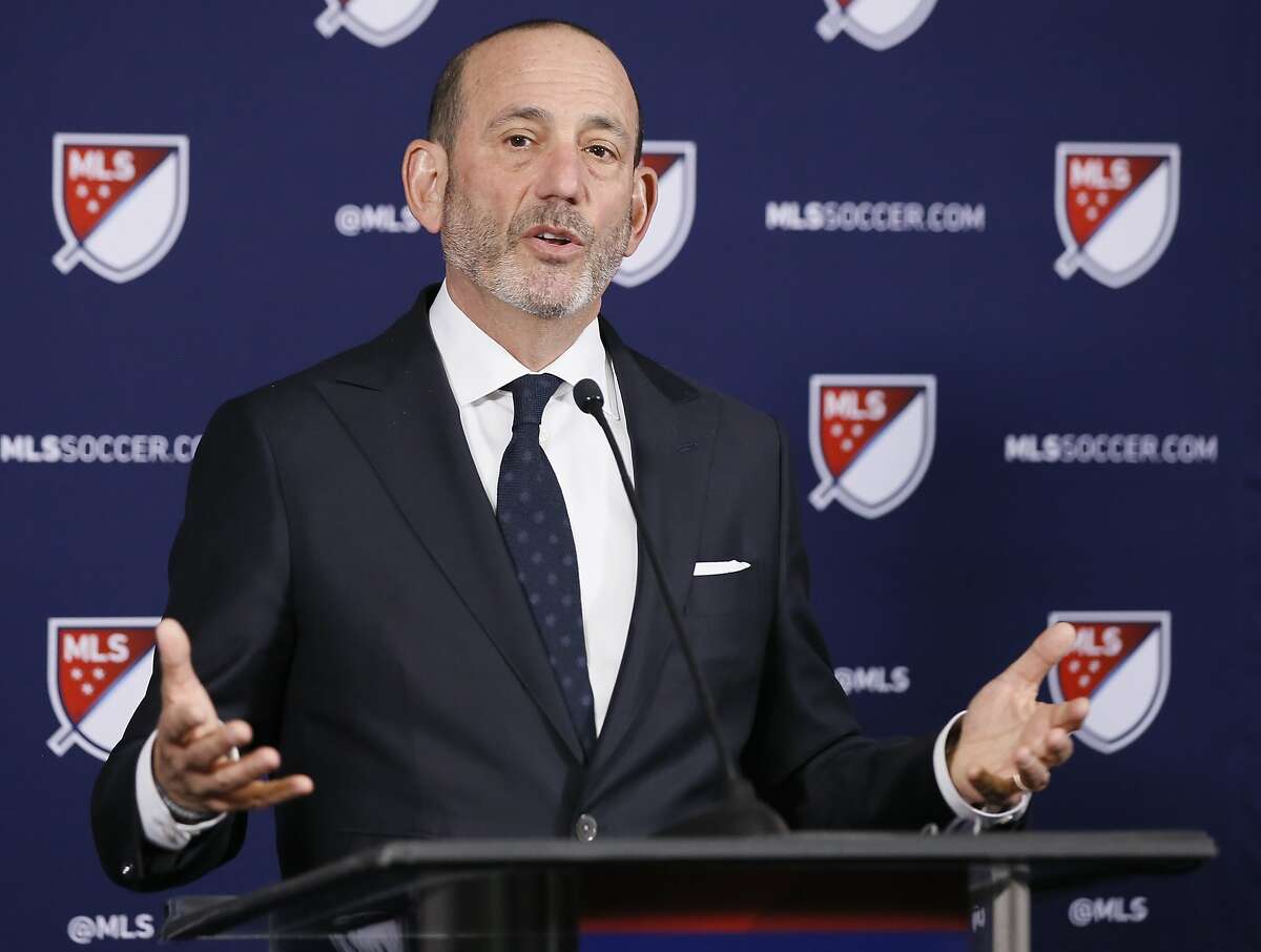 Major League Soccer Commissioner Don Garber speaks at a news conference in Los Angeles, Thursday, April 18, 2019. Sacramento and St. Louis have been invited to submit formal bids for franchises as the MLS Board of Governors formally unveiled plans Thursday to expand to 30 teams. (AP Photo/Alex Gallardo)