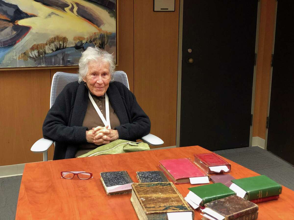 Diana Kennedy at the unboxing of her 19th century cookbooks on Feb. 11, 2019. Among them, an extremely rare copy of ?“Arte Nueve de Cocina y Reposteria Acomodad al Uso Mexicano?” published in 1828.