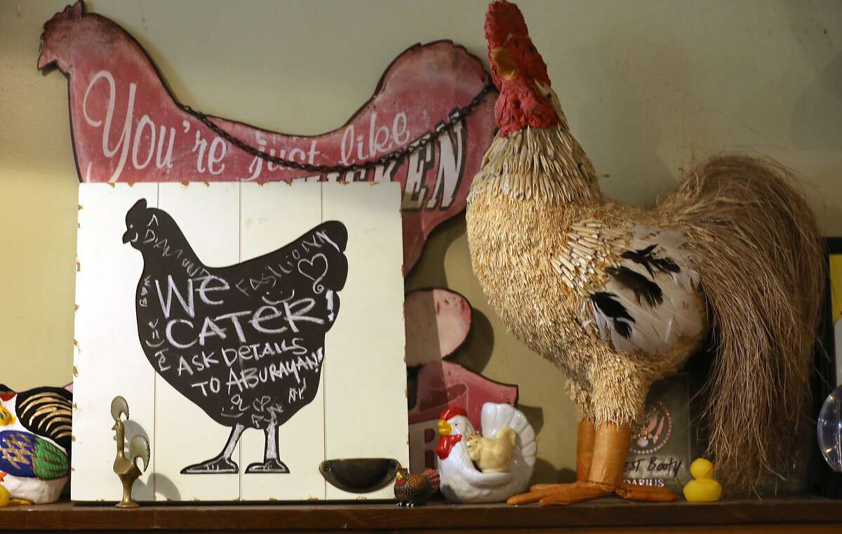 Display of chickens and roosters at Aburaya seen on Friday, April 5, 2019, in Oakland, Calif. Aburaya is a punk rock-themed Japanese fried chicken restaurant which started as a pop-up.