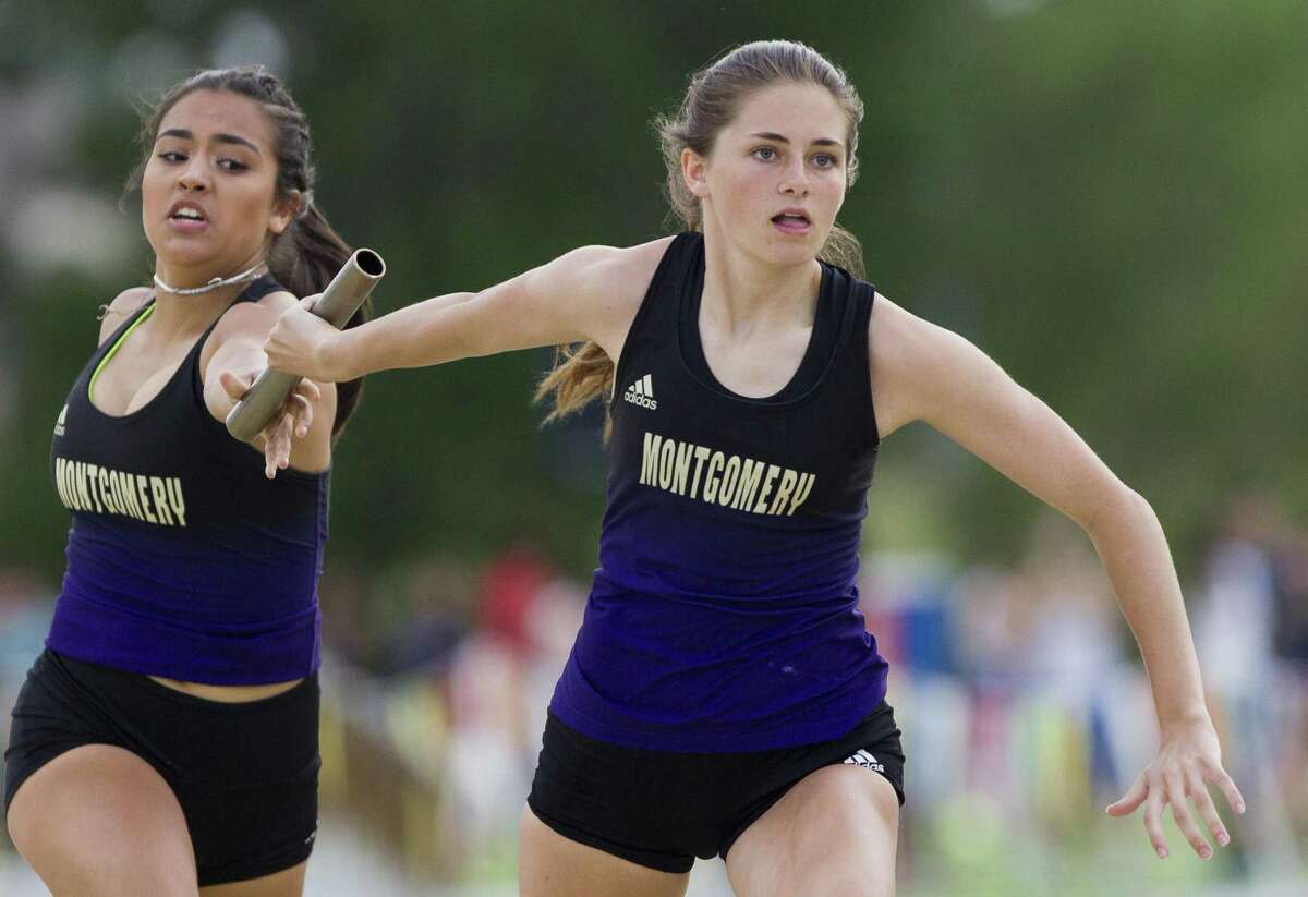 Montgomery competes in the girls 800-meter relay during the District 20-5A track and field championships at Montgomery ISD Stadium, Thursday, April 11, 2019, in Montgomery.