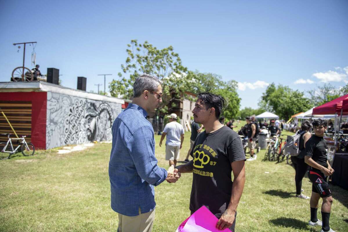 San Antonio Mayor Ron Nirenberg, speaks with constituents at a memorial remembering Tito Bradshaw who was struck and killed by an alleged drunk driver on Saturday, April 13, 2019.
