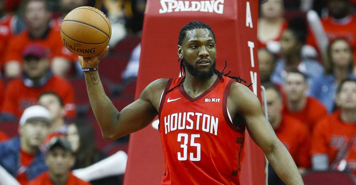 Houston Rockets forward Kenneth Faried (35) brings the ball down court during the second half of the first round of the NBA playoffs at Toyota Center, Sunday, April 14, 2019, in Houston.