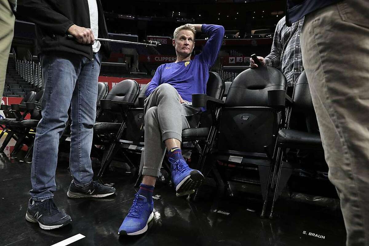 Warriors head coach Steve Kerr listens to questions from reporters during a practice session the day before the Golden State Warriors played the Los Angeles Clippers in Game 4 of the First Round of the NBA Playoffs at Staples Center in Los Angeles, Calif., on Saturday, April 20, 2019.