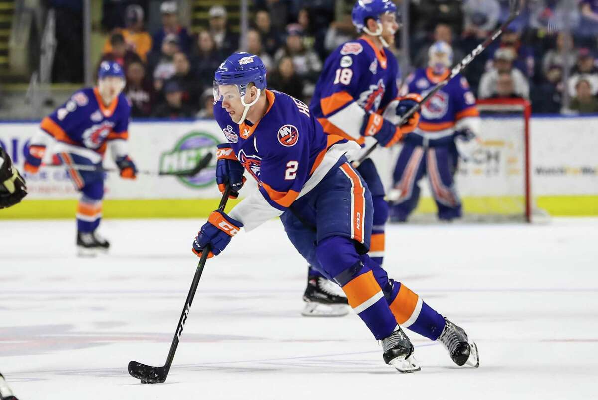 Seth Helgeson (2) of the Bridgeport Sound Tigers Skates the puck up ice during game two of the first round of the AHL Calder Cup Playoffs between the Bridgeport Sound Tigers and the Hershey Bears on April 20, 2019 at Webster Bank Arena in Bridgeport, CT.