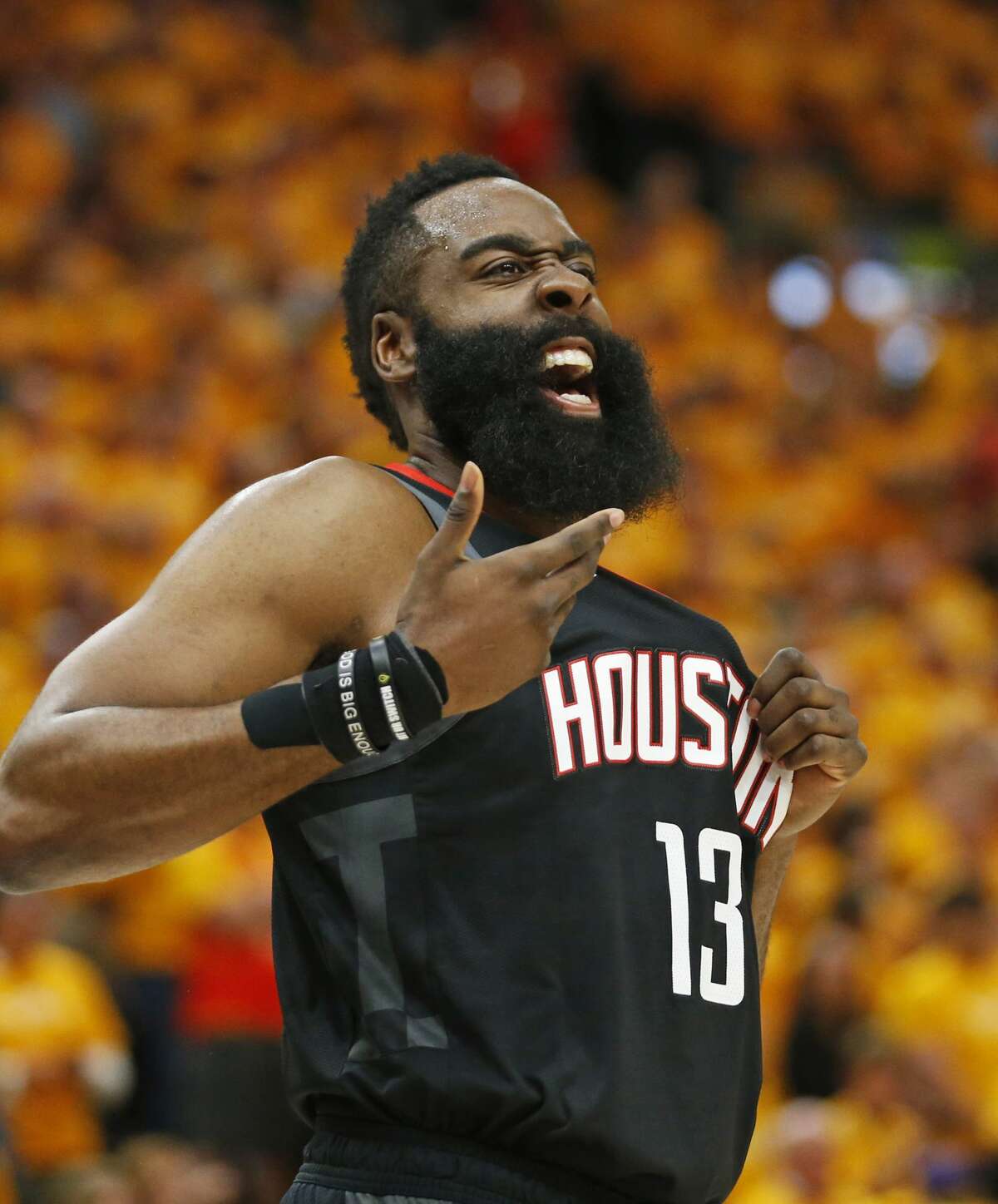 Houston Rockets guard James Harden (13) reacts after a foul in the first half during an NBA basketball game against the Utah Jazz Saturday, April 20, 2019, in Salt Lake City. (AP Photo/Rick Bowmer)