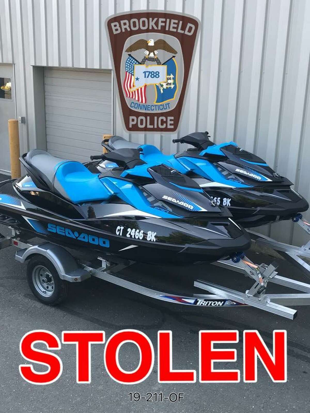 These jet skis and a trailer were stolen in Brookfield, police said.