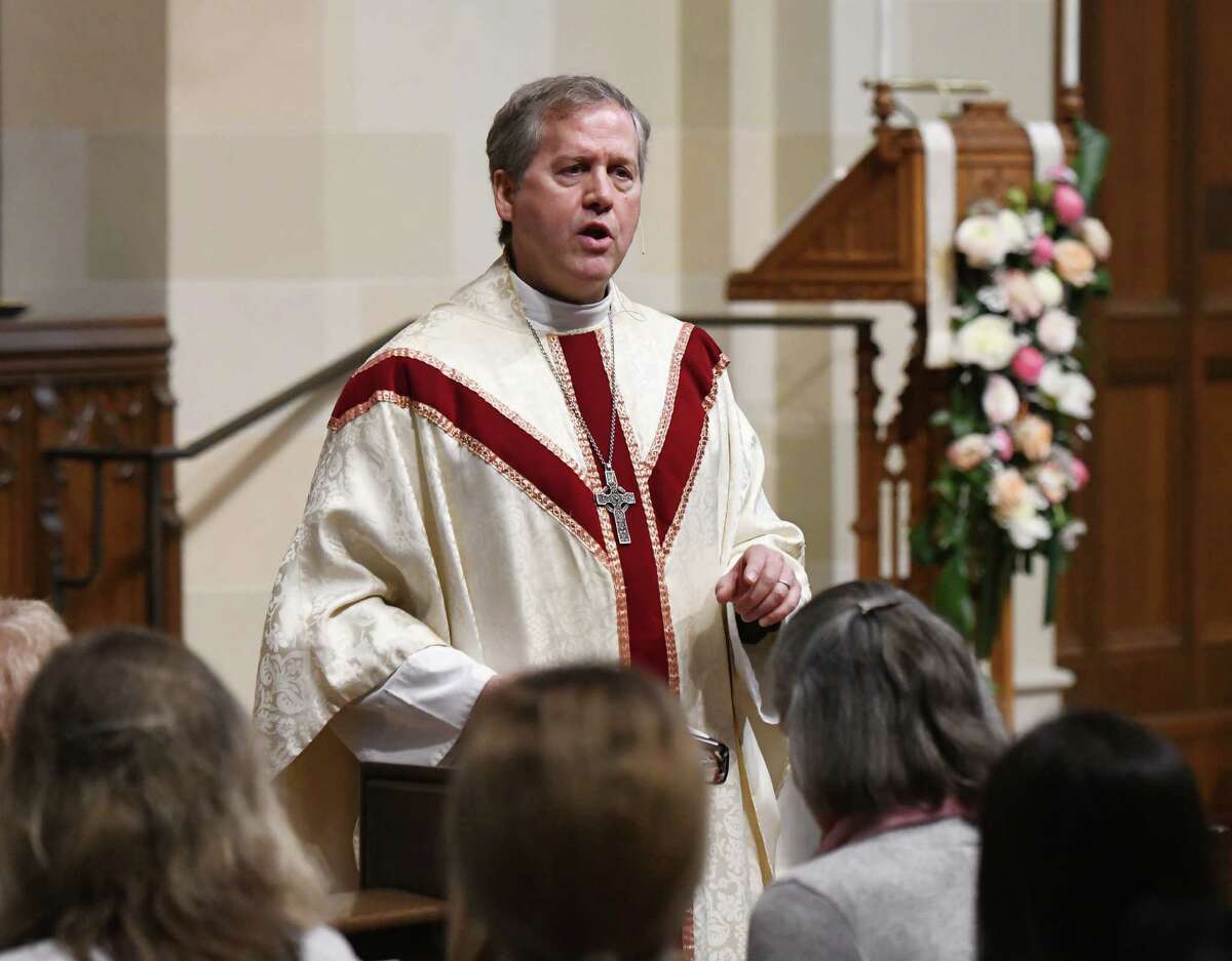 The Rev. Marek Zabriskie leads the Easter Sunday Mass at Christ Church in Greenwich, Conn. Sunday, April 21, 2019. More than 1,000 congregants attended the two Festival Eucharists in celebration of the resurrection of Jesus. Following the 9 a.m. and 11 a.m. Masses were Easter egg hunts for children held in the memorial garden and cemetery behind the church.