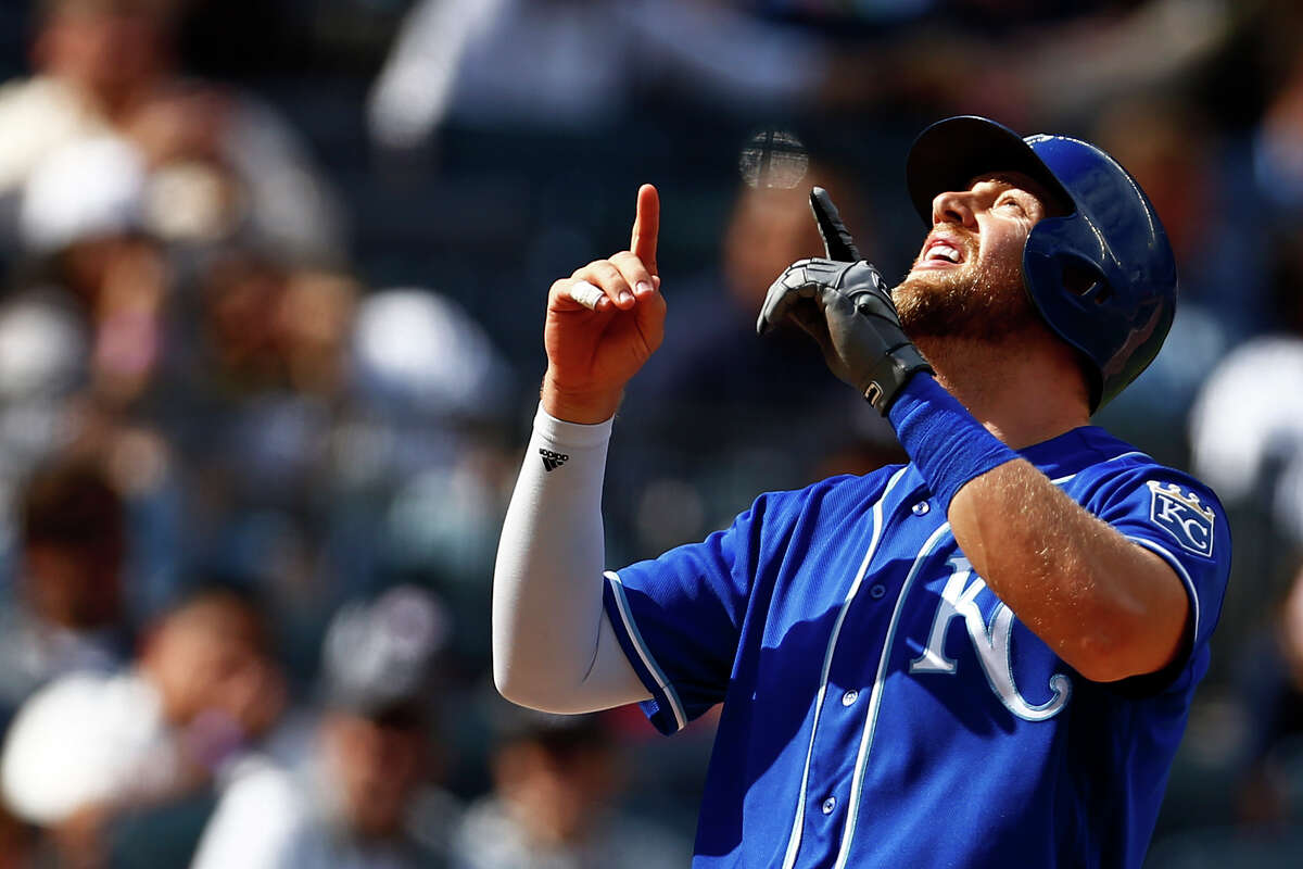 Kansas City Royals' Hunter Dozier celebrates his solo home run during the eighth inning of a baseball game against the New York Yankees on Sunday, April 21, 2019, in New York. (AP Photo/Adam Hunger)