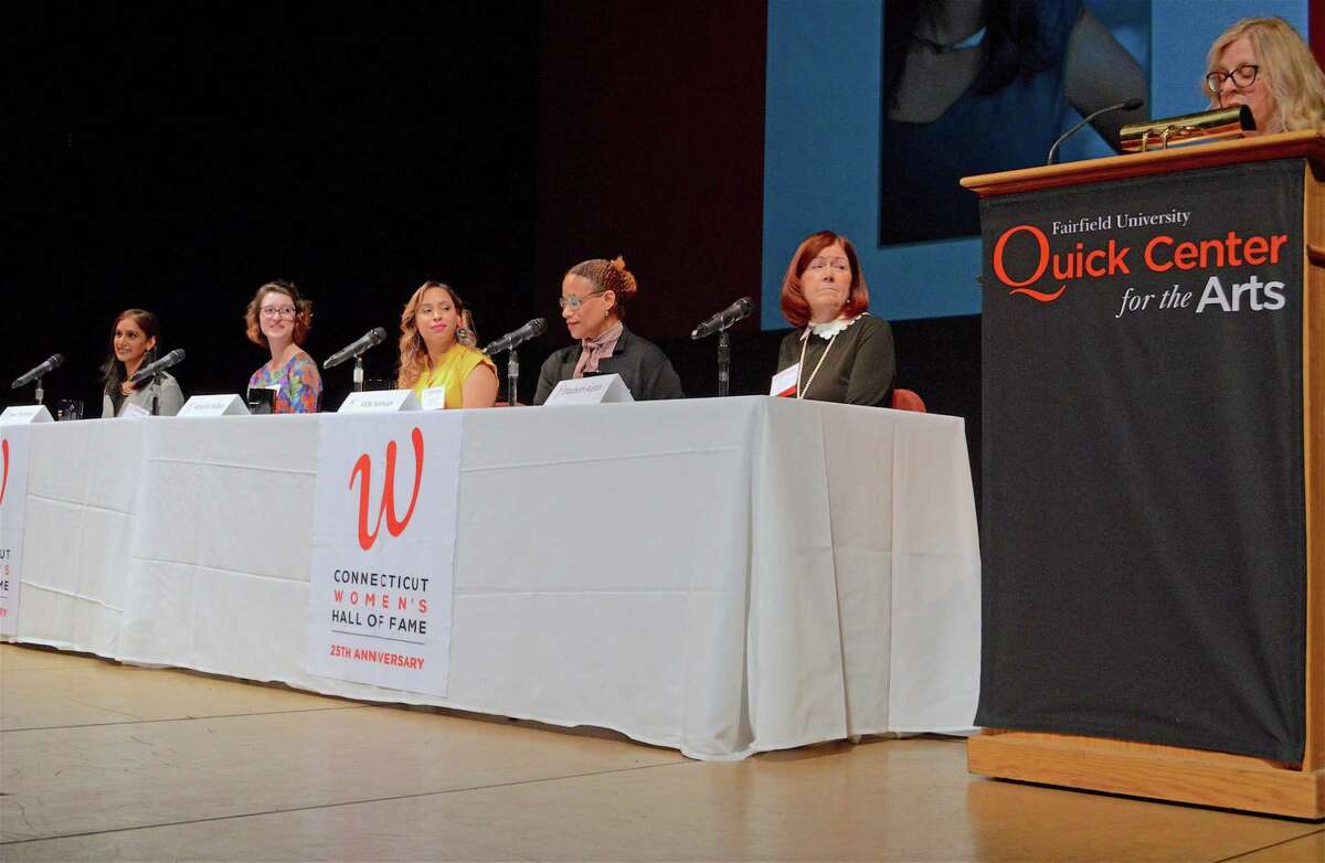 Panelists, including Moderator Asha Rangappa at far left, at "The F Word: Feminism" talk at Fairfield University on Wednesday, April 17, 2019, in Fairfield, Conn.