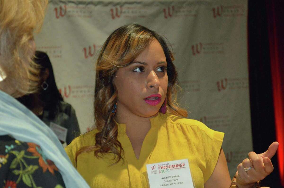 Amarilis Pullen, who represented the Millenial generation at "The F Word: Feminism" talk at Fairfield University on Wednesday, April 17, 2019, in Fairfield, Conn.