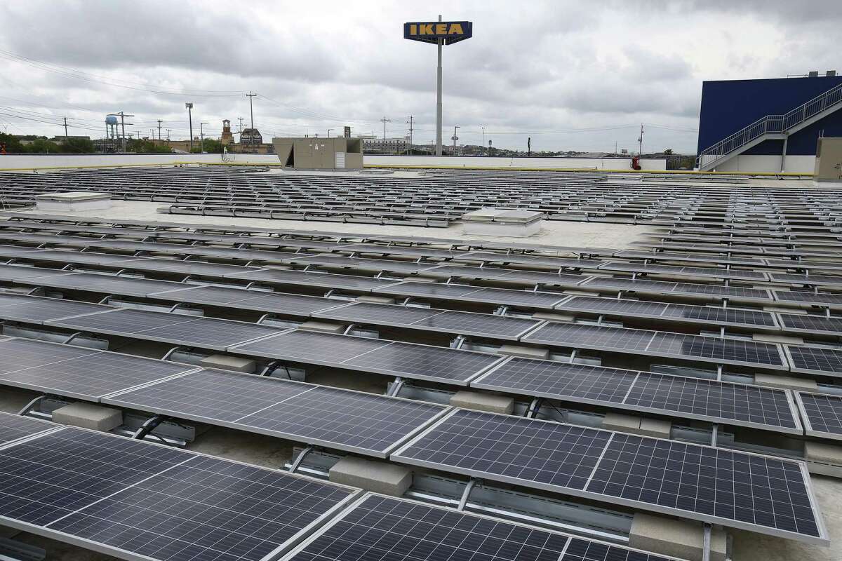 Solar panels cover almost 80 percent of the roof of the Ikea store near Interstate 35 and Loop 1604. The system started generating power April 19, 2019.