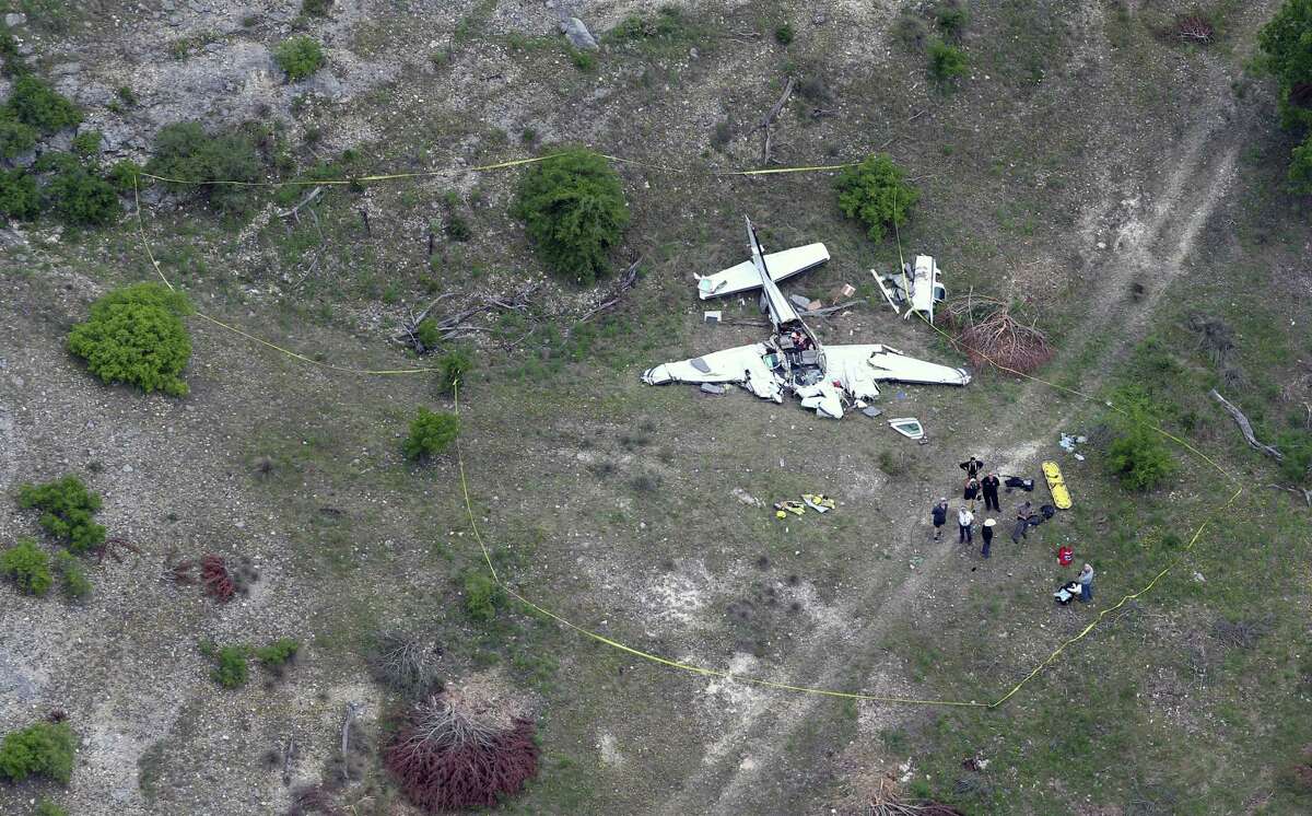 The wreckage of a twin-engine Beechcraft BE58 is seen April 22, 2019 in an aerial image. All six people on the plane were killed in the crash that occurred about 6 mile northwest of the Kerrville Municipal Airport about 9 a.m. Monday.