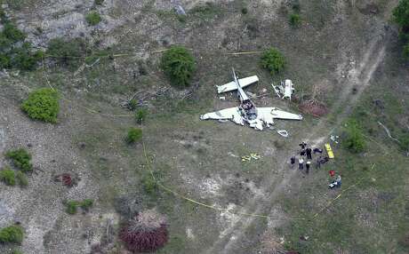 The wreckage of a twin-engine Beechcraft BE58 is seen Monday, April 22, 2019 in an aerial image. All six people on the plane were killed in the crash that occurred about 6 mile northwest of the Kerrville Municipal Airport about 9:00 a.m. Monday.