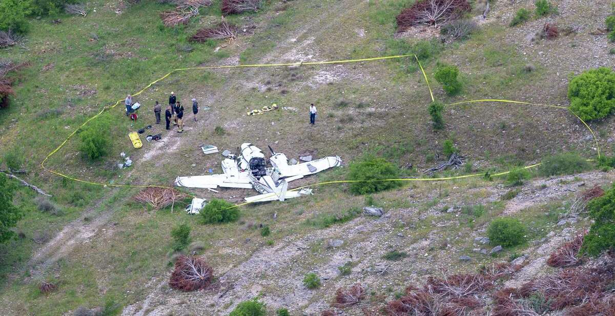 The wreckage of a twin-engine Beechcraft BE58 is seen Monday, April 22, 2019 in an aerial image. All six people on the plane were killed in the crash that occurred about 6 mile northwest of the Kerrville Municipal Airport about 9:00 a.m. Monday.