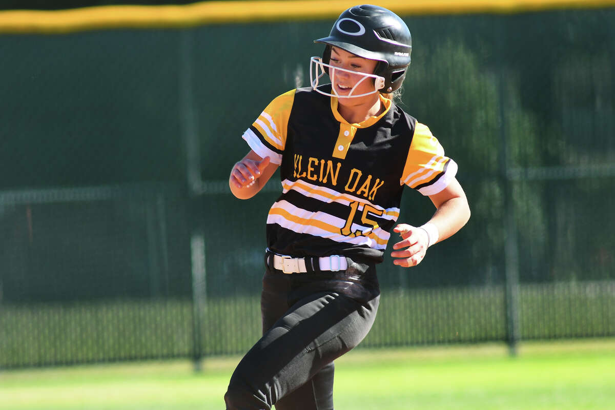 Klein Oak 2nd baseman Allie Saville runs the bases in the top of the third inning against Klein in their District 15-6A play-in game at Klein Cain High School on April 19, 2019.