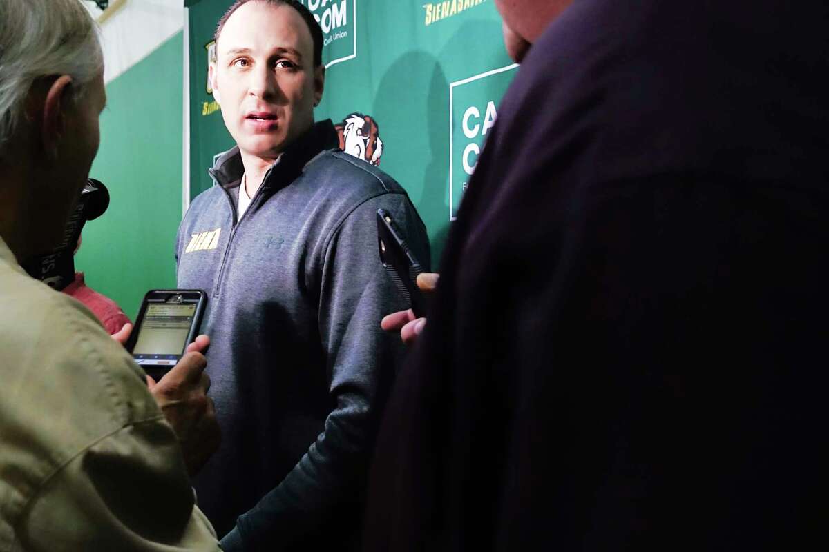 Siena men's basketball coach Carm Maciariello talks to members of the media about player Jalen Pickett declaring for the NBA draft during an media event at the college on Tuesday, April 23, 2019, in Loudonville, N.Y. (Paul Buckowski/Times Union)