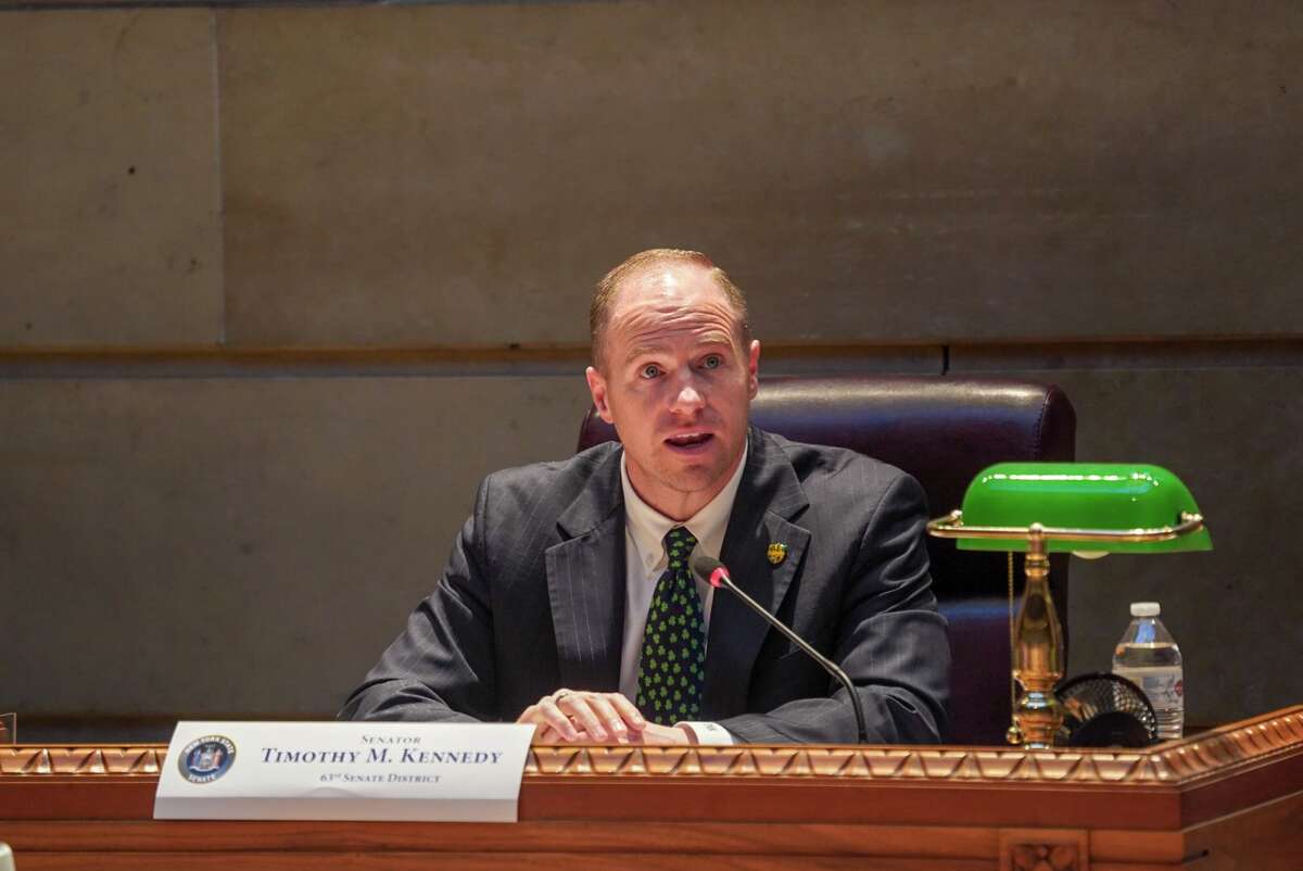 Sen. Tim Kennedy, a Buffalo-area Democrat, takes part in a public hearing in western New York. Kennedy has written a letter to state Department of Transportation Commissioner Marie Dominguez asking that the DOT honor its original agreement with Native American tribes to install wingwall murals on the I-87 Exit 3 overpass.