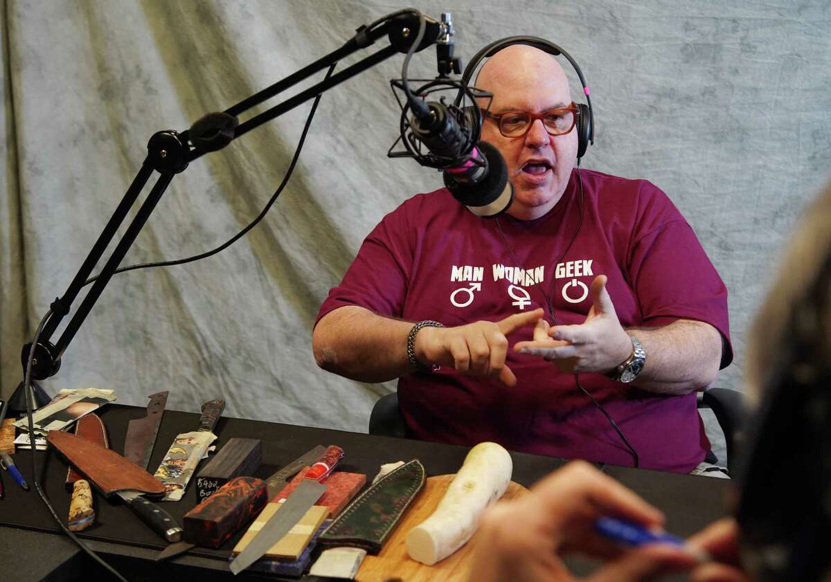 Dr. Stephen Pustilnik, a Houston forensic pathologist and the founder of Houston Edge Works, maker of high-quality, custom stainless steel knives, recording an episode of BBQ State of Mind with Chris Reid and Greg Morago.