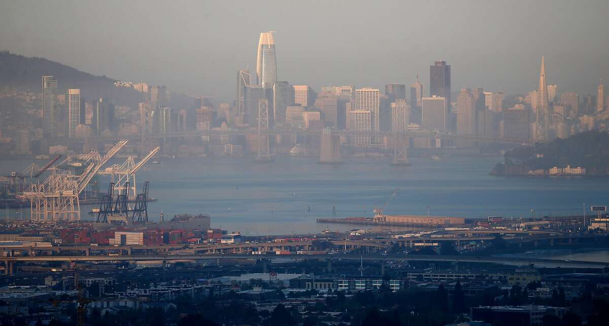 The skyline of San Francisco, Calif. is visible through a layer of smog at sunrise on Tuesday, April 23, 2019. The American Lung Association is releasing an annual report on the state of the air quality.