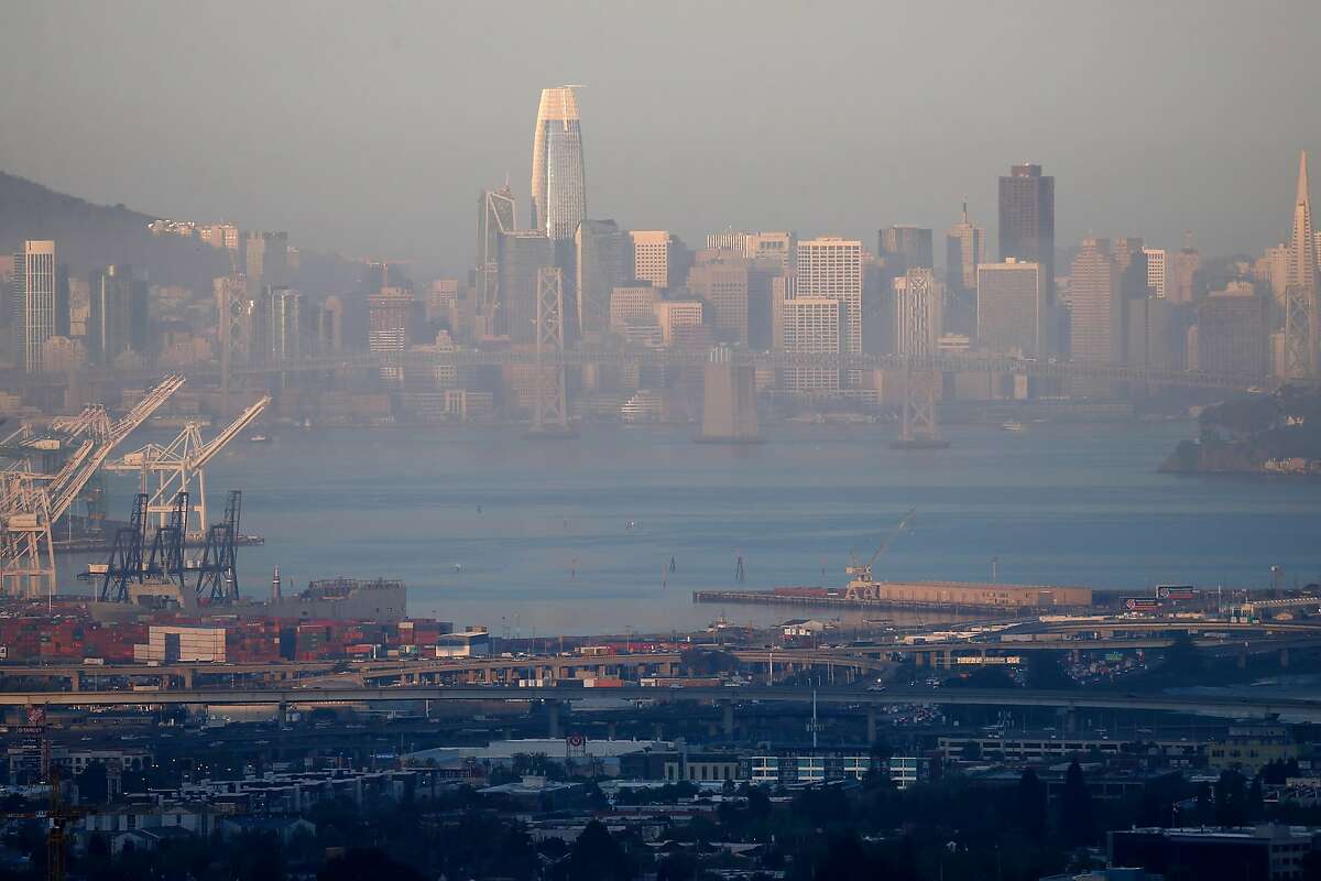 The skyline of San Francisco, Calif. is visible through a layer of smog at sunrise on Tuesday, April 23, 2019. The American Lung Association is releasing an annual report on the state of the air quality.