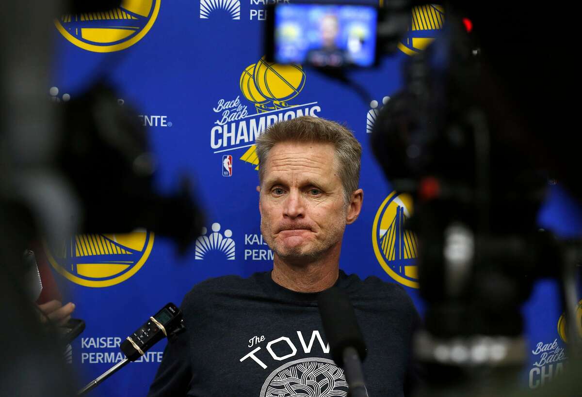 Head coach Steve Kerr meets with sportswriters after a Golden State Warriors practice session in Oakland, Calif. on Tuesday, April 23, 2019 before Game 5 of the first round against the Los Angeles Clippers Wednesday night.