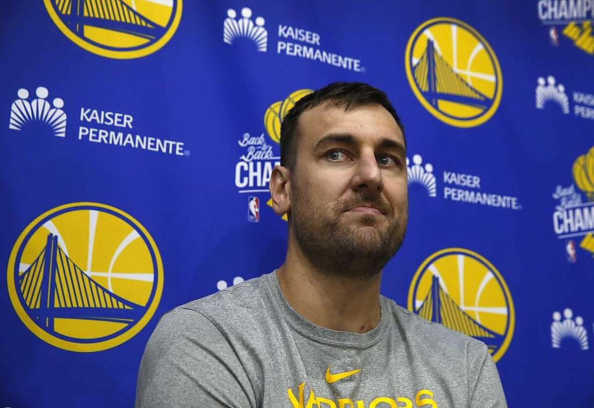 Andrew Bogut meets with sportswriters after a Golden State Warriors practice session in Oakland, Calif. on Tuesday, April 23, 2019 before Game 5 of the first round against the Los Angeles Clippers Wednesday night.