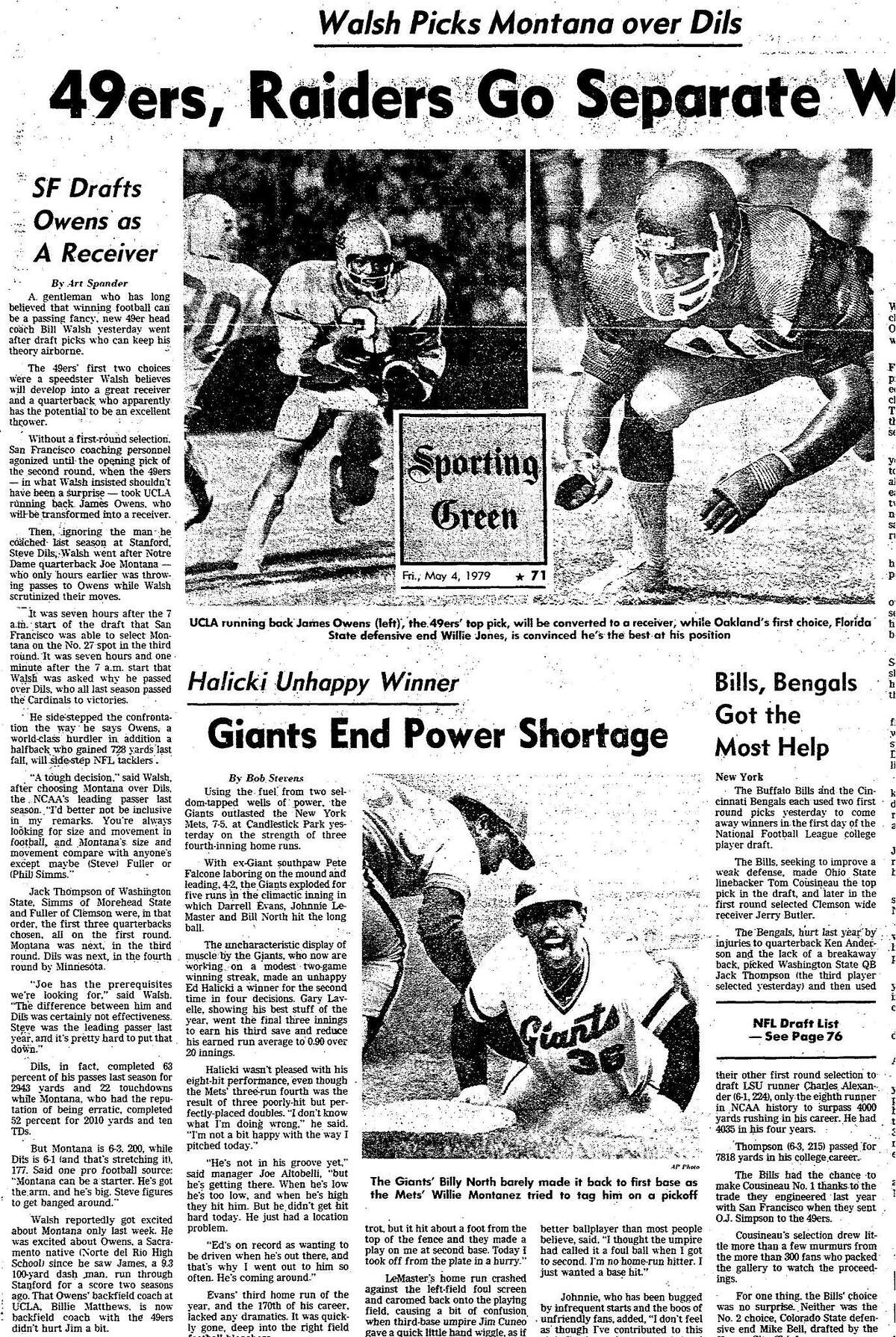The May 4, 1979 Chronicle Sports section reports on the 49ers taking Joe Montana over Stanford's Steve Dils in the third round of the draft
